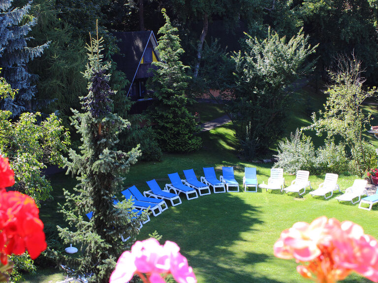 Blaue Liegestühle auf einer Wiese