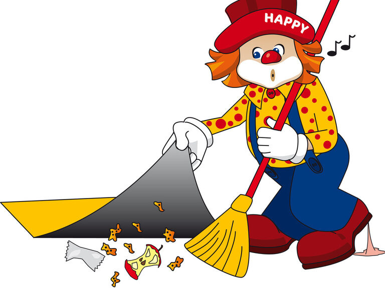 Familotel Maskottchen Happy beim Teppich kehren als Illustration