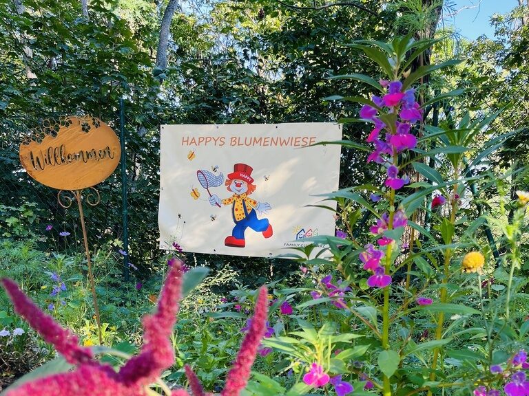 Blühende Wiese im Frühling mit Schild "Happys Blumenwiese"